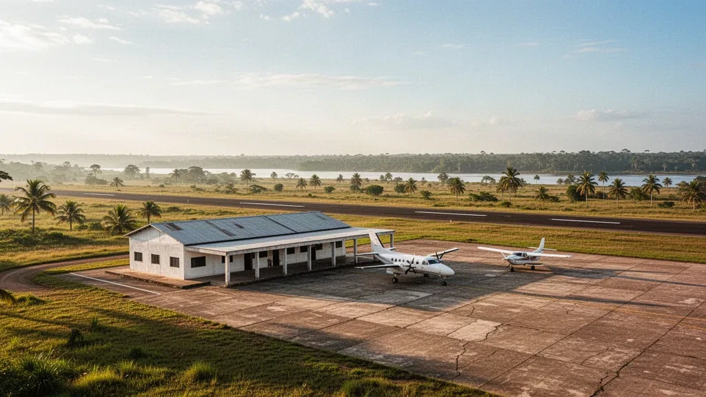 Small regional airfield terminal and light aircraft on the apron at Casuarito in Vichada, Colombia, under warm tropical light