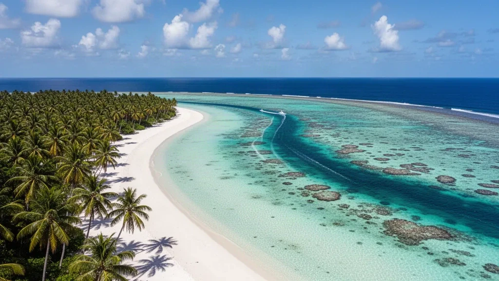 Lagune turquoise et cocotiers bordant le rivage de sable blanc de l'atoll des îles Cocos (Keeling) dans l'océan Indien.