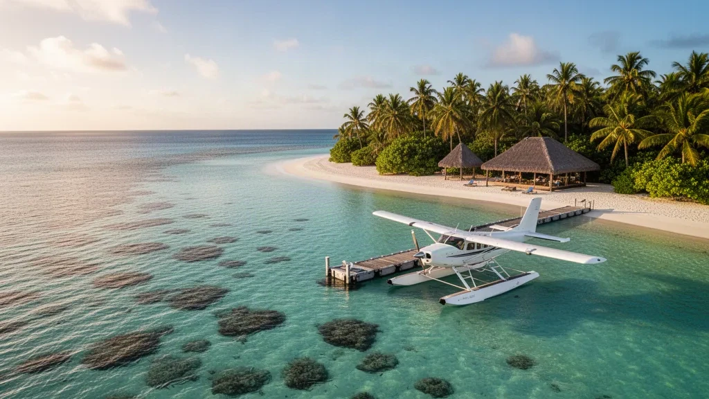 Wasserflugzeug vertäut an der Wasserflugzeugbasis Castaway Island in Fidschi mit türkisfarbener Lagune, weißem Sandstrand und tropischen Palmen zur goldenen Stunde.