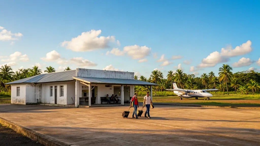 Vista exterior de la pequeña terminal del Aeropuerto de Casuarito, en Vichada, Colombia, con una plataforma de hormigón, vegetación tropical y cielo despejado.
