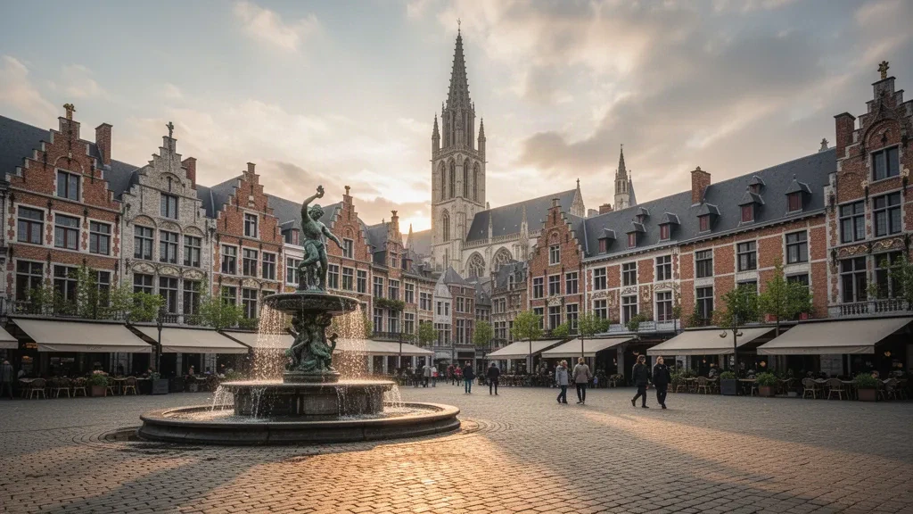 La Grote Markt de Amberes al atardecer con casas gremiales flamencas, la Fuente de Brabo y la aguja de la Catedral de Nuestra Señora