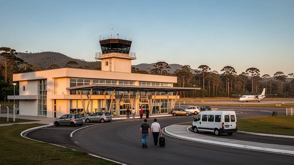 Extérieur moderne du terminal vitré et voie de dépose à l'aéroport de Santa Cruz do Sul au Brésil à l'heure dorée