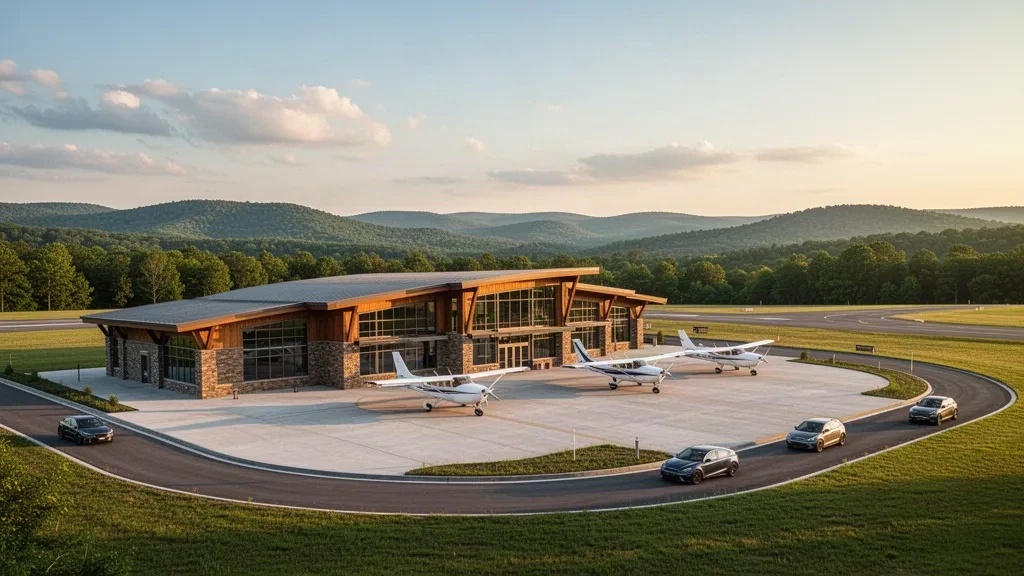 Tennessee'deki Crossville Memorial Havalimanı Whitson Field'ın altın saatlerdeki geniş görünümü; modern terminal ve park etmiş uçaklar yer alıyor.