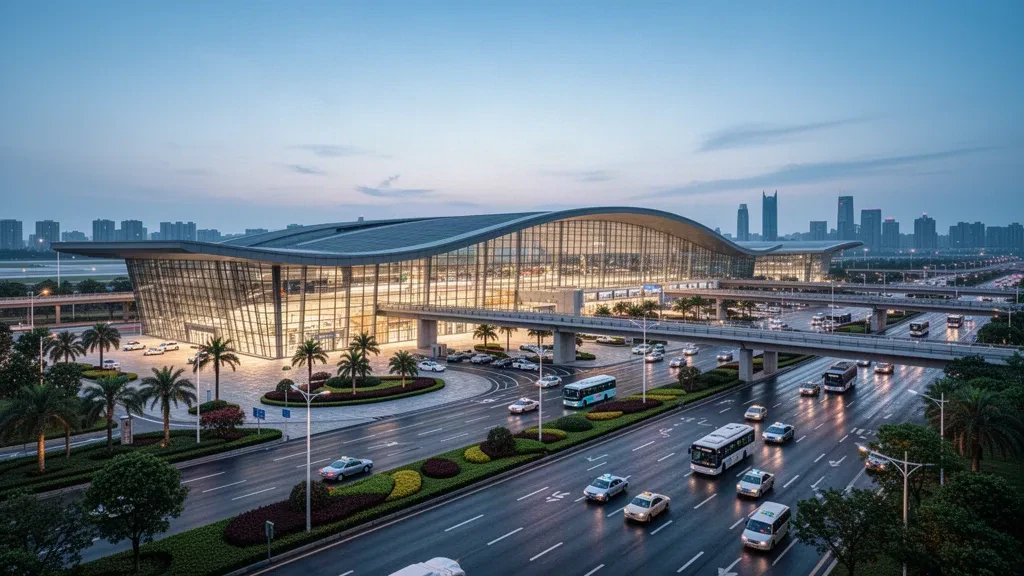 Extérieur moderne d'un terminal en verre à l'aéroport international de Changsha Huanghua avec toit courbé et voies de dépose au crépuscule