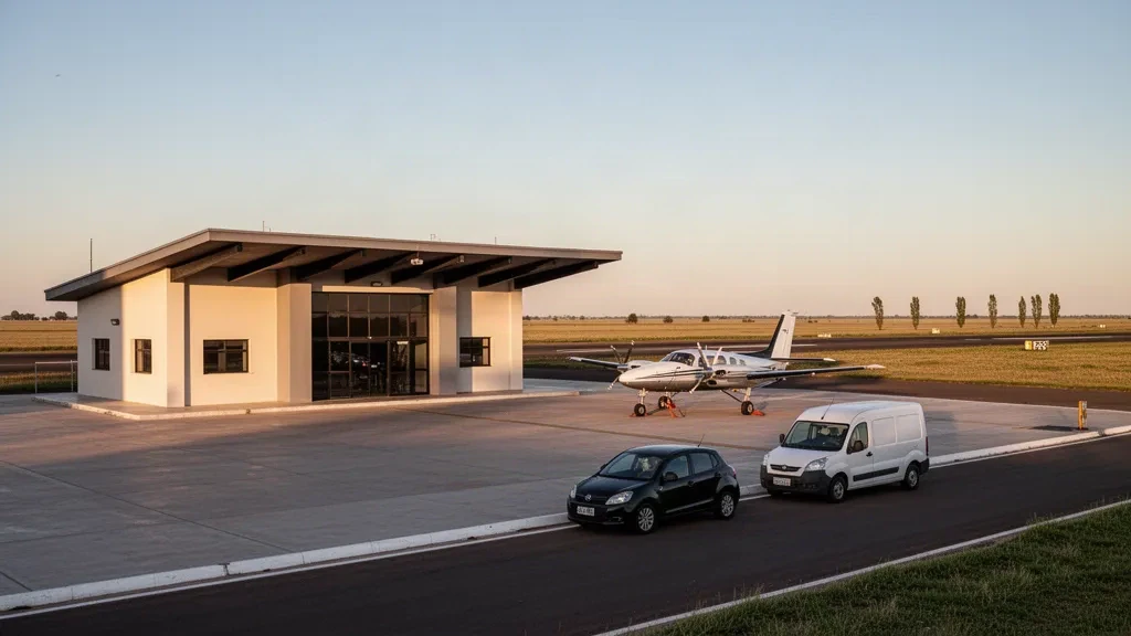 Terminal regionale, piazzale e pista dell'aeroporto Brigadier D.H.E. Ruiz vicino a Coronel Suárez, Argentina, nella calda luce del tardo pomeriggio