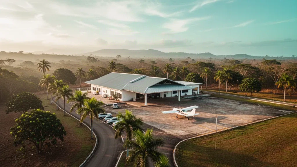 Tropical late-afternoon view of the small Alonso Valderrama Airport terminal near Chitré, Panama, with a palm-lined apron and access road
