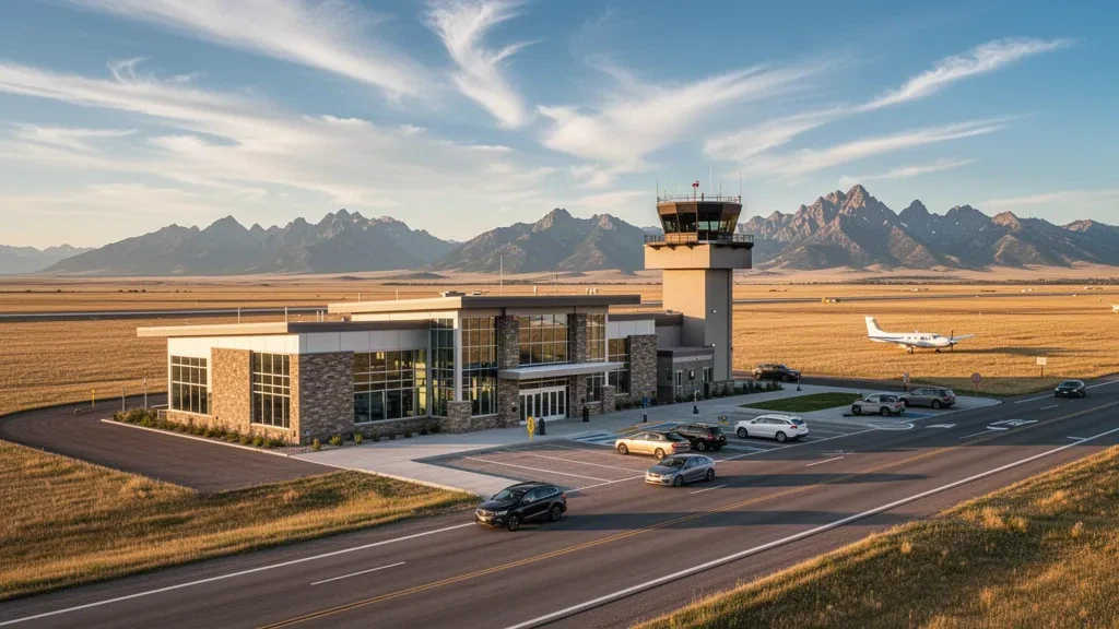 Modern terminal exterior at Cut Bank International Airport in Montana, with glass facade, drop-off lanes, and prairie landscape at golden hour.