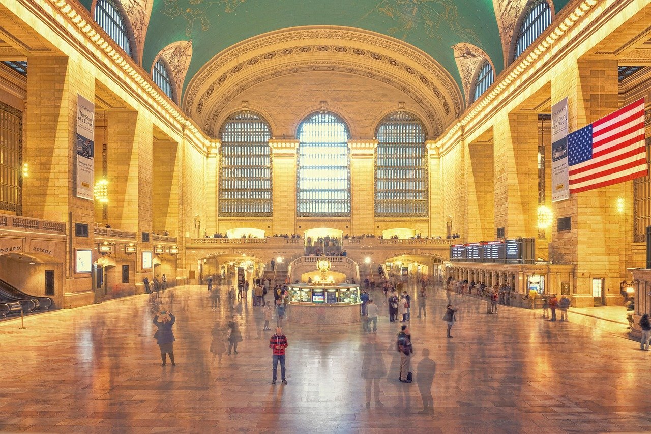 gare centrale, New York, Grand Central Terminal, Manhattan, architecture, NYC, terminal, transport, Amérique, monument, bâtiment, voyage, personnes, célèbre, Midtown, tourisme, foule, drapeau, hall, New York, New York, New York, New York, New York, foule