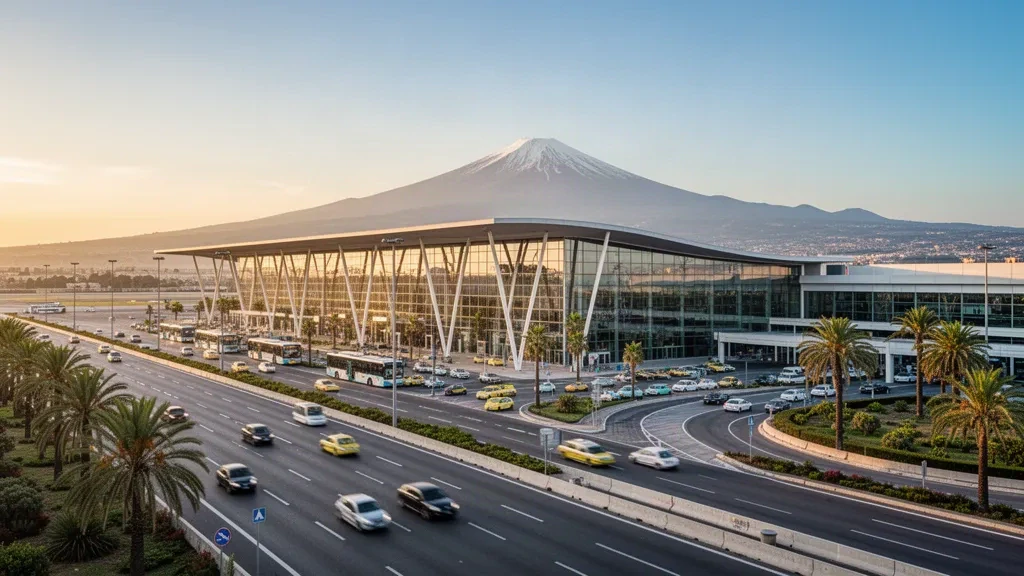 Catania-Fontanarossa Havalimanı'nda arka planda yükselen Etna Dağı ile modern cam terminal ve indirme şeritleri.