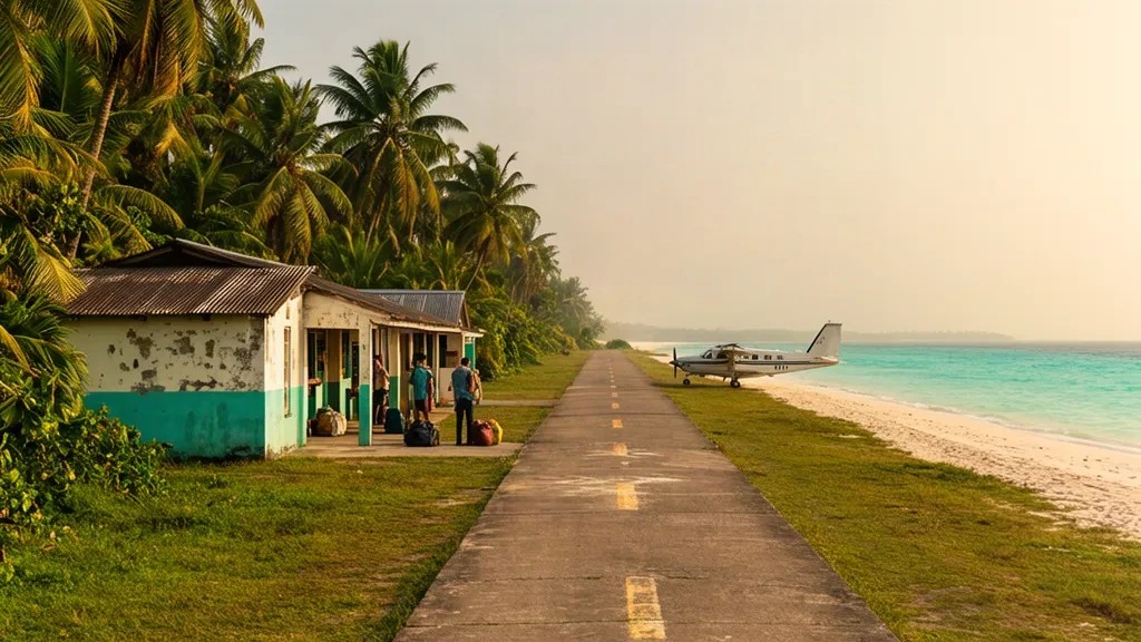 Small open-air terminal and tropical island airstrip at Cartí Airport (CTE) in Panama's Guna Yala islands, framed by palms and the Caribbean Sea