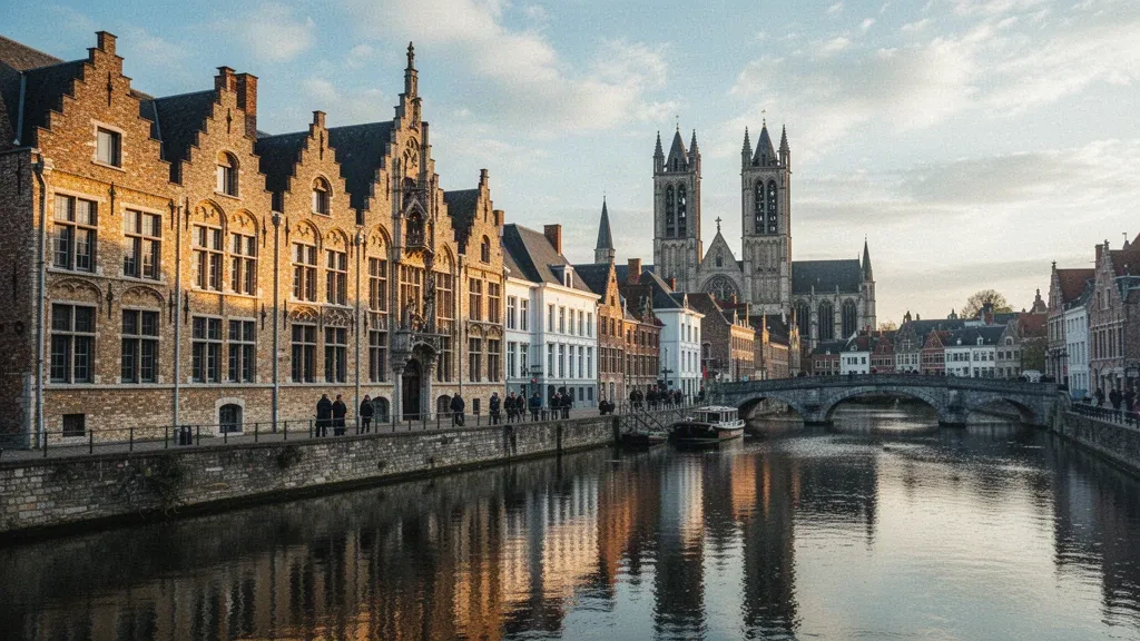 Blick zur goldenen Stunde auf den Kai Graslei und die mittelalterlichen Zunfthäuser in Gent, Ostflandern, Belgien, mit historischen Türmen im Hintergrund