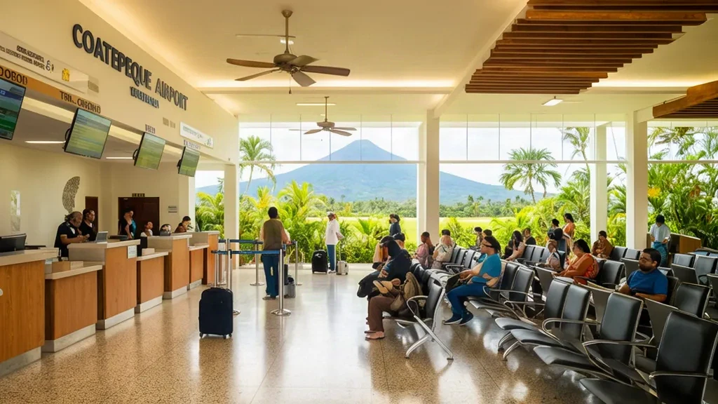 Kleiner Terminalinnenbereich am Flughafen Coatepeque CTF in Guatemala, helle Abflughalle mit Reisenden und tropischer Aussicht durch große Fenster.