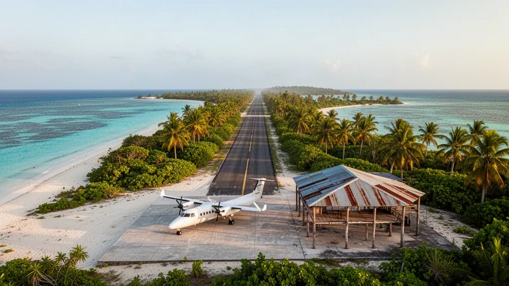 Kleine tropische Landebahn am Flughafen Cartí in Guna Yala, Panama, mit türkisfarbenem Karibikwasser, Palmen und einem Kleinflugzeug