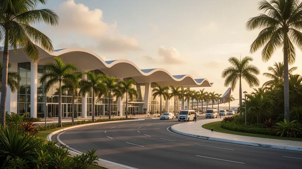 Esterno moderno del terminal dell'Aeroporto Internazionale Rafael Núñez a Cartagena con corsie di sosta bordate di palme durante l'ora d'oro