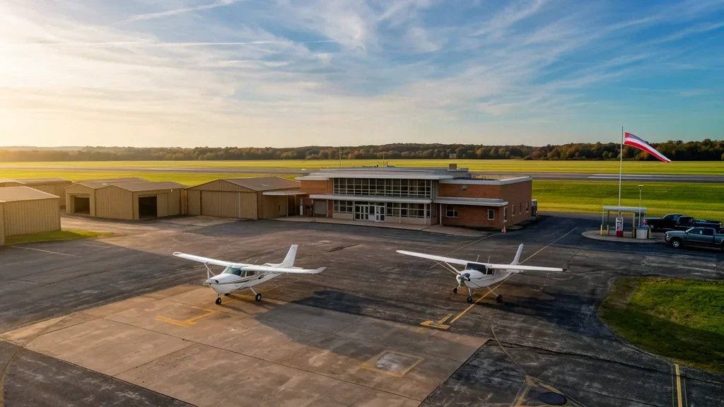 General aviation apron with parked light aircraft, hangars and the small terminal building at Canton Municipal Airport (CTK)