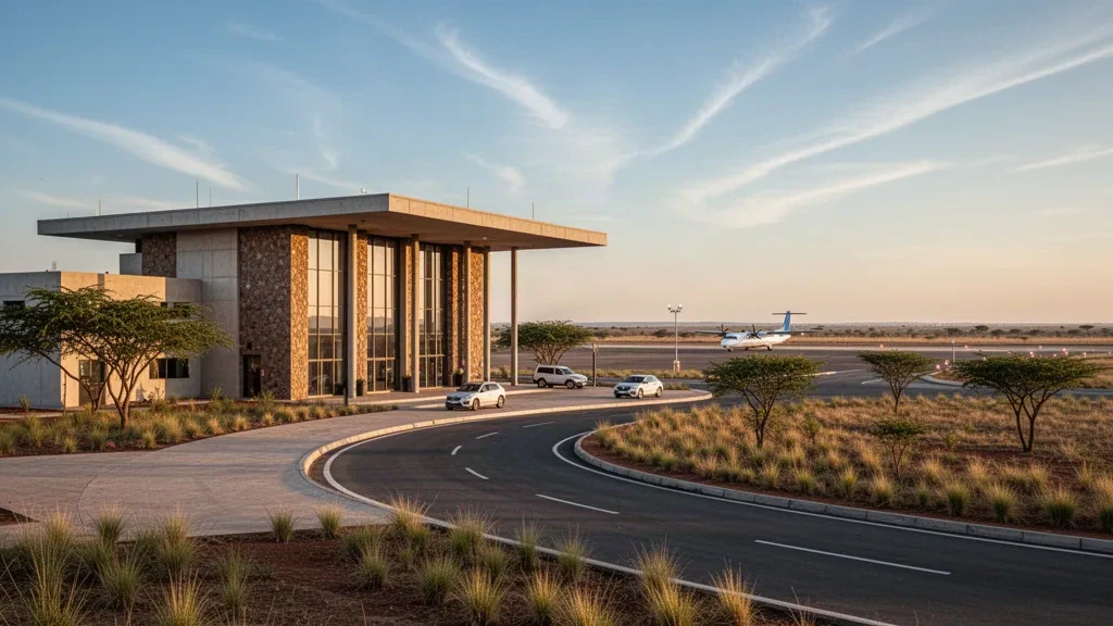 Angola'daki Cuito Cuanavale Havaalanı'nda altın saatlerde açık savana göğü ve yolcu indirme şeridi bulunan modern terminal dış cephesi.
