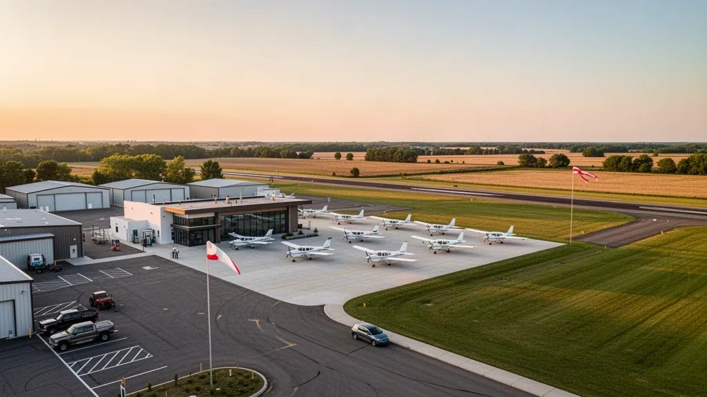 Terminal per l'aviazione generale, hangar e aeromobili leggeri sul piazzale dell'aeroporto Canton Municipal in Illinois sotto una calda luce dorata.
