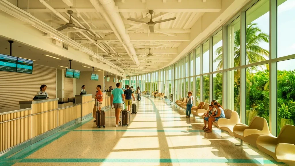 Helles Inneres des Internationalen Flughafens Chetumal in Quintana Roo mit Check-in-Schaltern, tropischem Tageslicht und Reisenden