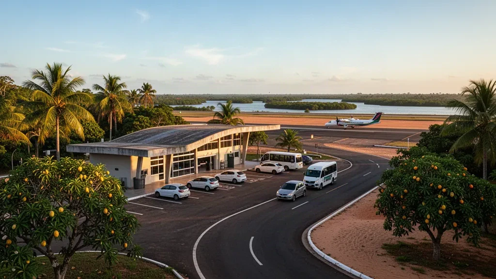 Small regional terminal and tropical surroundings at Carutapera Airport on the Maranhão coast in Brazil at golden hour.