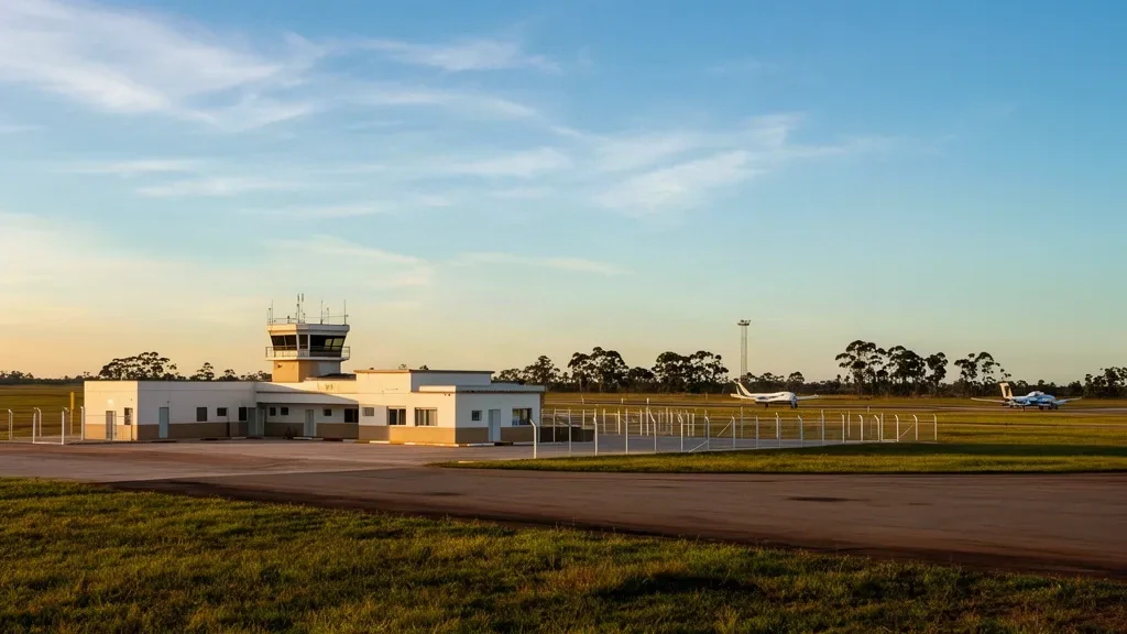 Petit terminal régional de l'aéroport de Santa Vitória do Palmar CTQ au Rio Grande do Sul, au Brésil, sous une chaude lumière de fin d'après-midi.