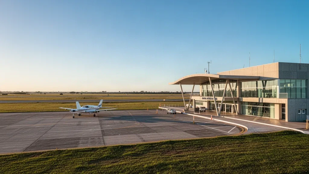Brezilya'daki Santa Vitória do Palmar Havalimanı CTQ'da modern bölgesel terminal ve pist, temiz mimari ve sıcak altın saat ışığı.