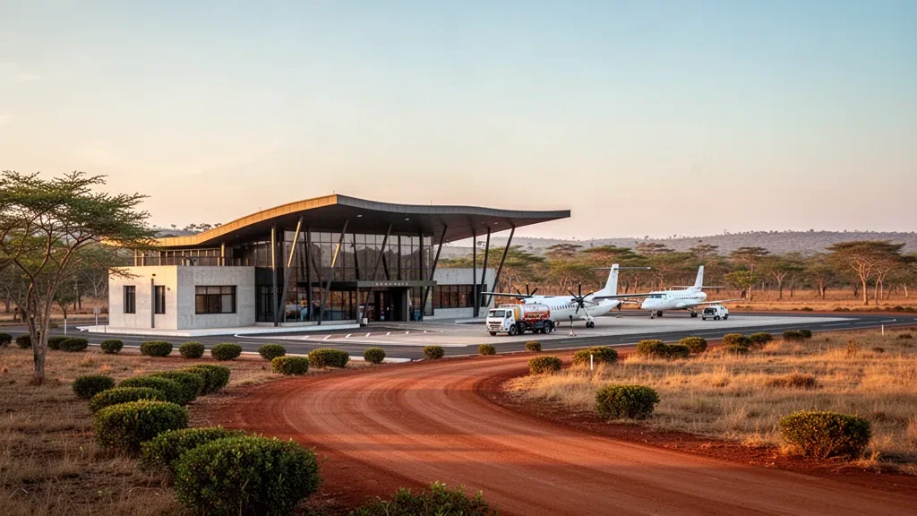 Low-rise glass and concrete terminal with parked turboprop aircraft and red-earth access road at Catoca Airport in Angola's savanna at golden hour