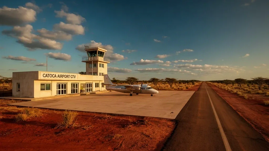 Exterior view of Catoca Airport CTV in Lunda Sul, Angola, showing a small terminal, parked propeller aircraft, and runway under golden afternoon light.