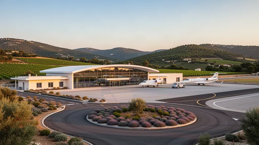 Modernes Glasterminal und Vorfeld für Privatjets am Flughafen Le Castellet in der Provence, Frankreich, im warmen Licht der goldenen Stunde mit Weinberghügeln im Hintergrund.