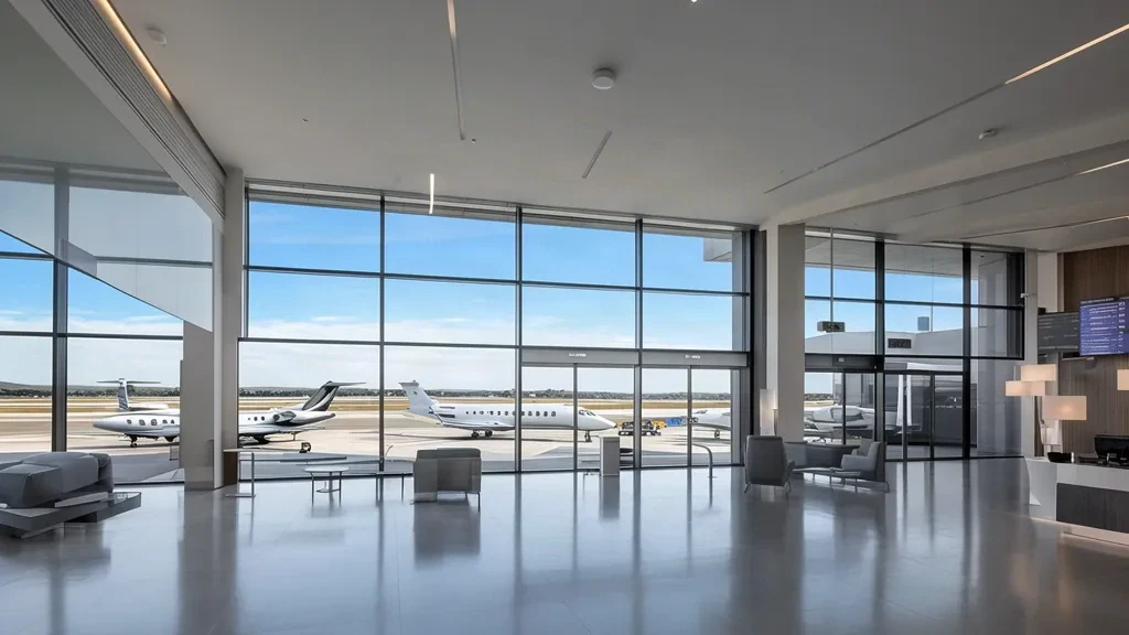 Modernes Terminalinterieur am Flughafen Le Castellet mit Glaswänden und Blick auf Privatjets auf dem Vorfeld.
