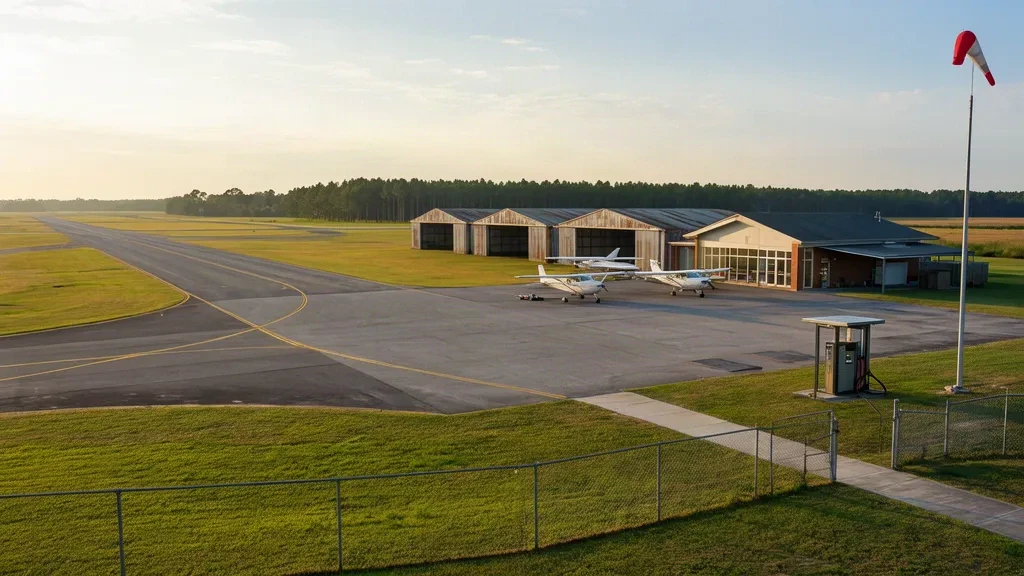 Pequeña terminal de aviación general, hangares y aviones ligeros aparcados en el aeropuerto de Sampson County CTZ en Clinton, Carolina del Norte