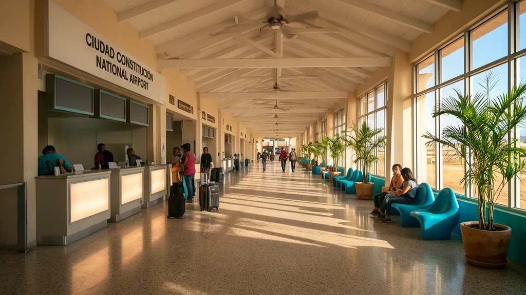 Sonnenbeschienenes Inneres des Terminals des Nationalflughafens Ciudad Constitución in Baja California Sur, Mexiko, mit Check-in-Schaltern und wartenden Passagieren