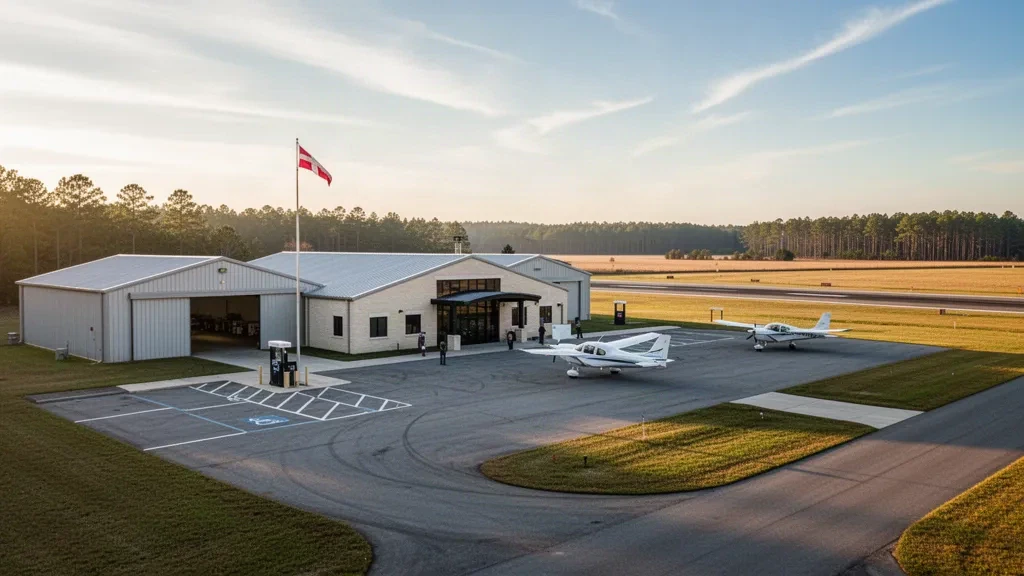 Piccolo terminal per l'aviazione generale, hangar e pista all'aeroporto di Sampson County a Clinton, Carolina del Nord, durante l'ora d'oro