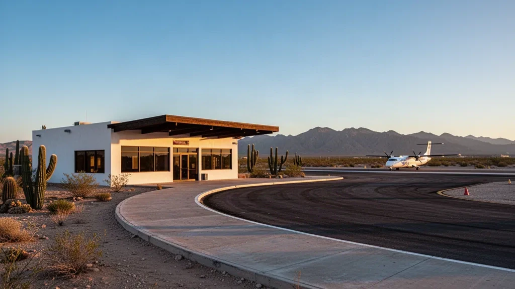 Terminal d'aéroport désertique de faible hauteur à Ciudad Constitución, en Basse-Californie du Sud, avec voie de dépose, tarmac et turbopropulseur stationné à l'heure dorée
