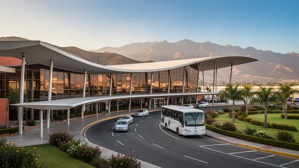 Extérieur moderne du terminal vitré de l'aéroport international Camilo Daza à Cúcuta, en Colombie, avec les collines andines et des palmiers dans une lumière chaude de fin de journée