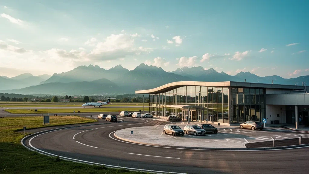 Modern glass terminal and drop-off lane at Cuneo-Levaldigi Airport in Piedmont, with alpine foothills behind under golden-hour light