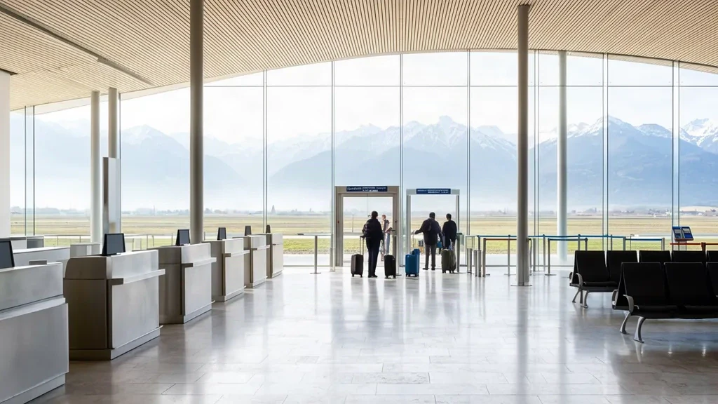 Sala luminosa y moderna de facturación y salidas dentro del Aeropuerto de Cuneo Levaldigi en Piamonte, con paredes de vidrio y las estribaciones alpinas más allá