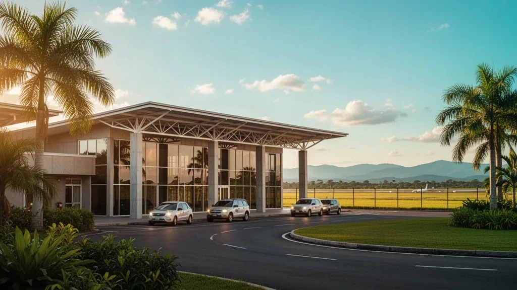 Veduta all'ora d'oro del piccolo terminal in vetro dell'Aeroporto di Currillo, della corsia di sosta e dell'ingresso alberato con palme nelle pianure tropicali della Colombia