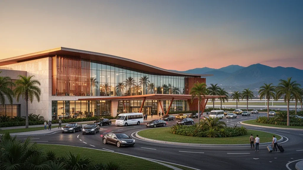 Modern glass terminal exterior at Bachigualato International Airport in Culiacán, Sinaloa, glowing at golden hour