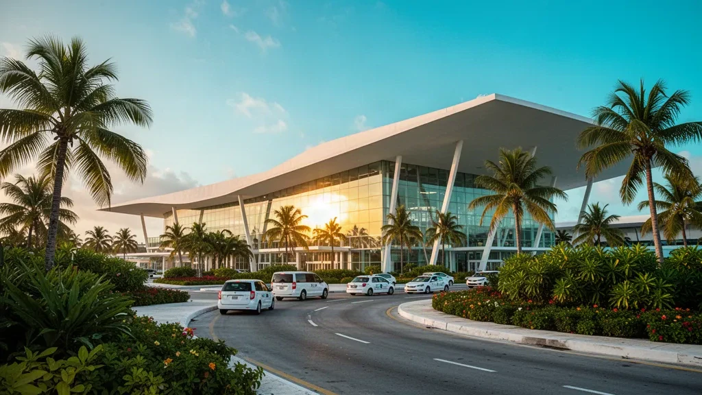 Modernes Glas-Terminal und von Palmen gesäumte Vorfahrtspuren am Flughafen Cancún International im warmen karibischen Licht der goldenen Stunde