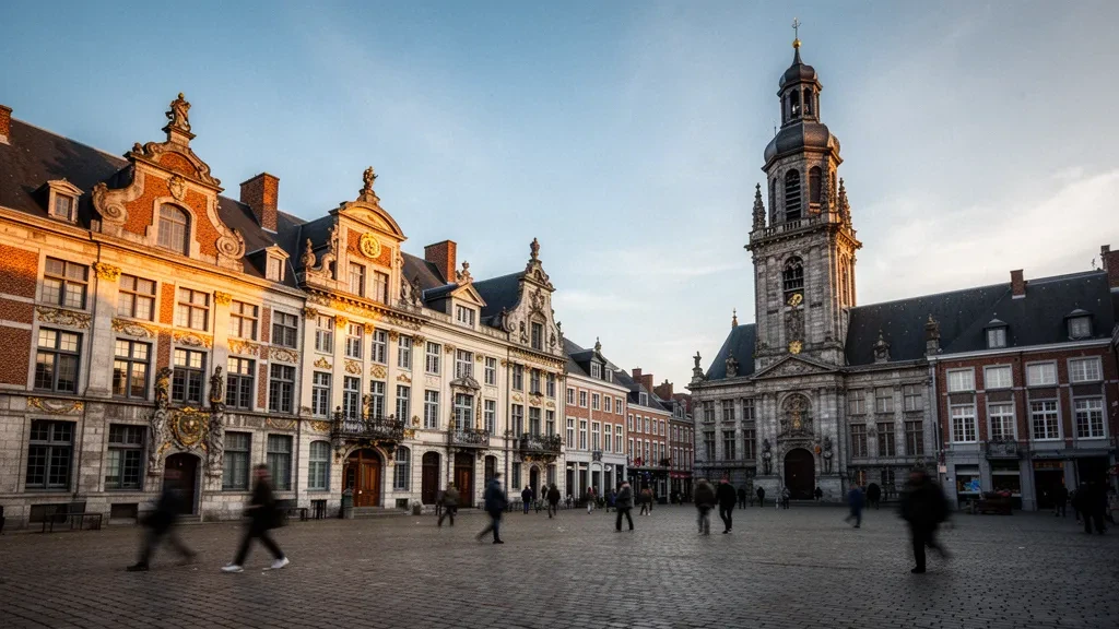 Mons Grand-Place with its historic baroque belfry in Hainaut, Belgium, bathed in warm late-afternoon light
