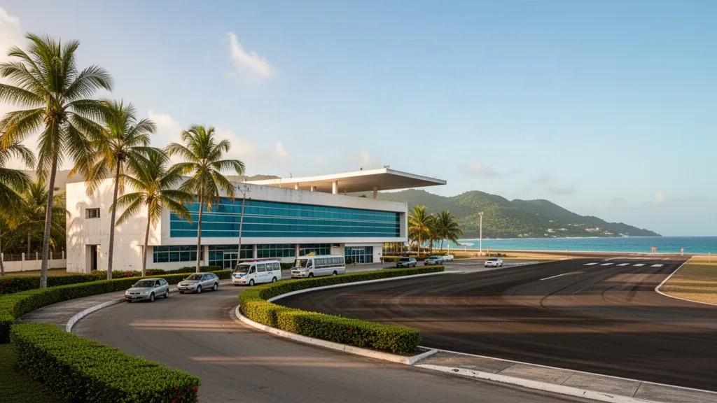 Terminal de baja altura y carril de descenso bordeado de palmeras en el Aeropuerto Antonio José de Sucre en Cumaná, Venezuela, bajo la luminosa luz del día del Caribe