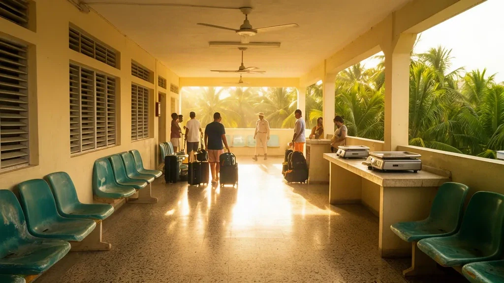 Reisende und Gepäck in der hellen tropischen Terminalhalle des Flughafens General Francisco Bermúdez in Carúpano, Venezuela