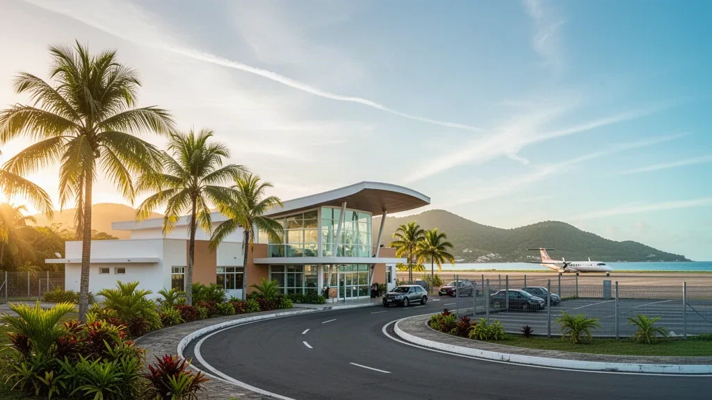 Esterno del terminal dell'Aeroporto General Francisco Bermúdez a Carúpano, Venezuela, in luce dorata, incorniciato da palme tropicali.