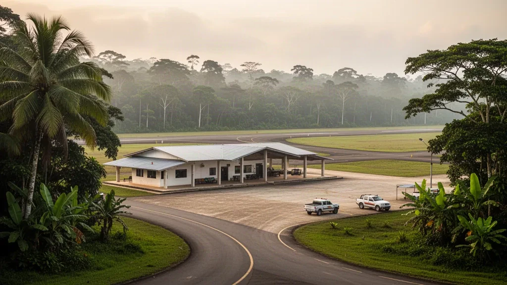 Terminal regionale remoto e pista dell'aeroporto di Carurú, in Colombia, nella foresta pluviale amazzonica, circondati da una fitta vegetazione tropicale.
