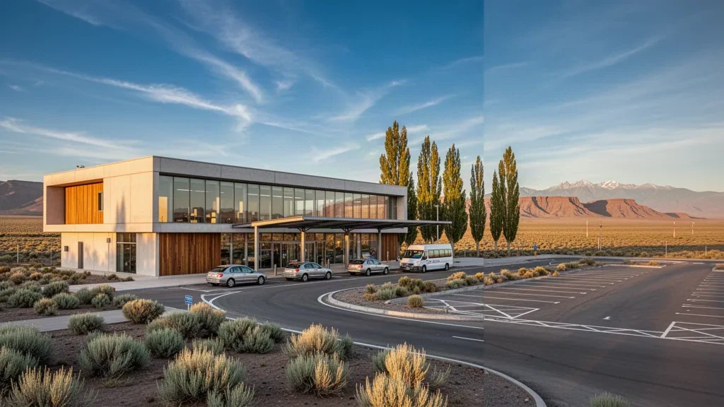 Modern glass terminal entrance and drop-off lane at Cutral Có airport in Patagonia, Argentina, lit by warm golden-hour light