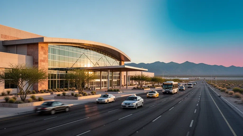 Modern glass terminal exterior and access road at General Roberto Fierro Villalobos International Airport in Chihuahua at golden hour