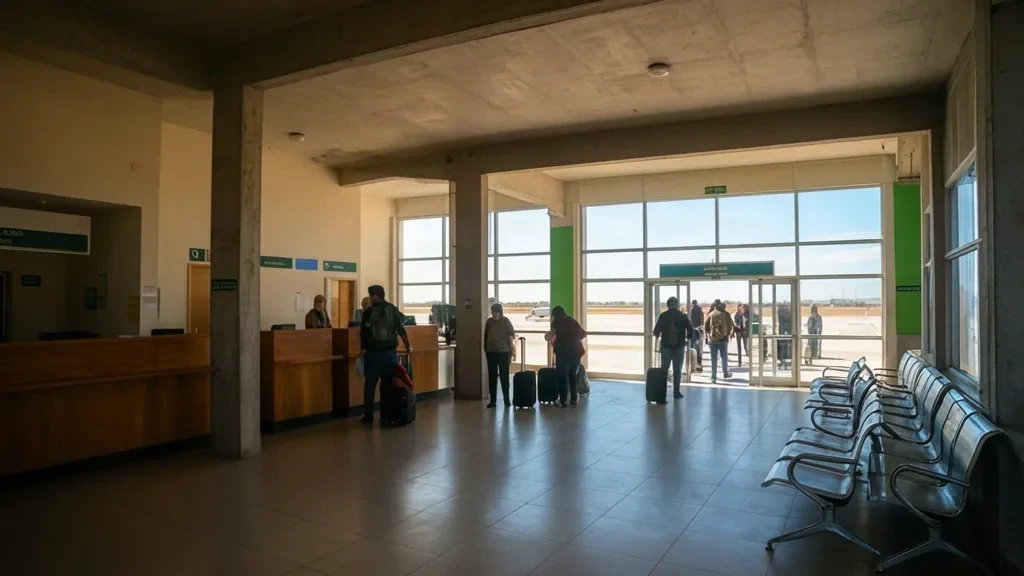 Cutral Co Airport terminal interior in Neuquén, Argentina, with check-in area and travelers