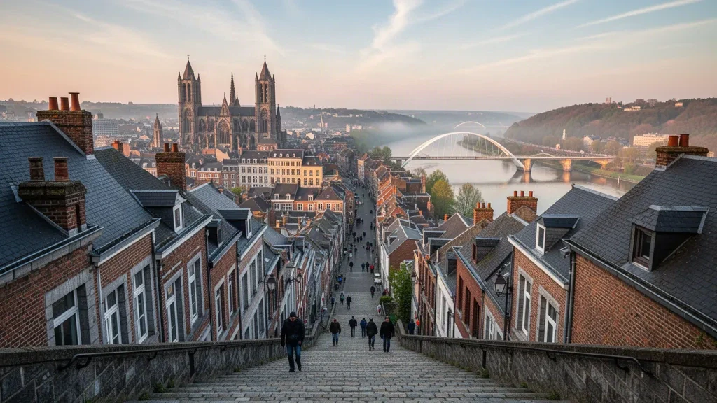 Vue en hauteur de l'escalier de la Montagne de Bueren à Liège et des toits le long de la Meuse à l'heure dorée en Belgique