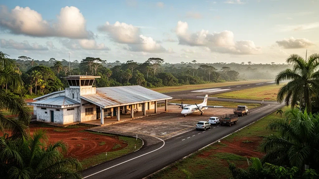 Piazzale di un piccolo aerodromo regionale, terminal modesto e pista all'aeroporto di Casigua El Cubo nello Zulia, Venezuela, in una calda luce tropicale