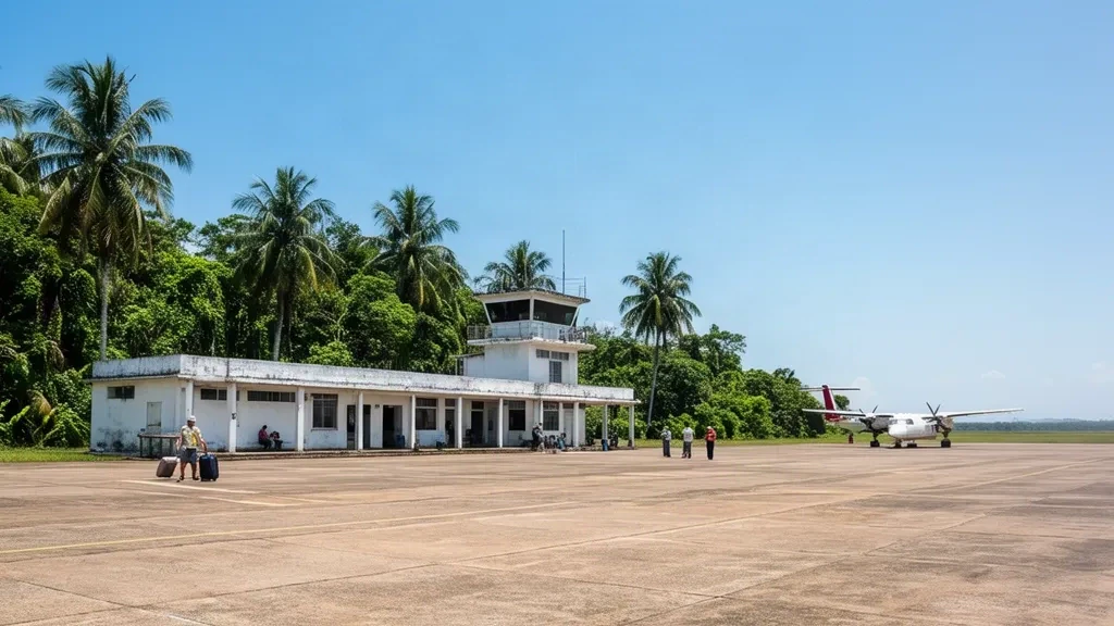 Venezuela'daki Casigua El Cubo Havalimanı terminalinin dış görünümü; tropikal bitki örtüsü ve parlak güneş ışığı altında apron üzerinde küçük bir uçak.